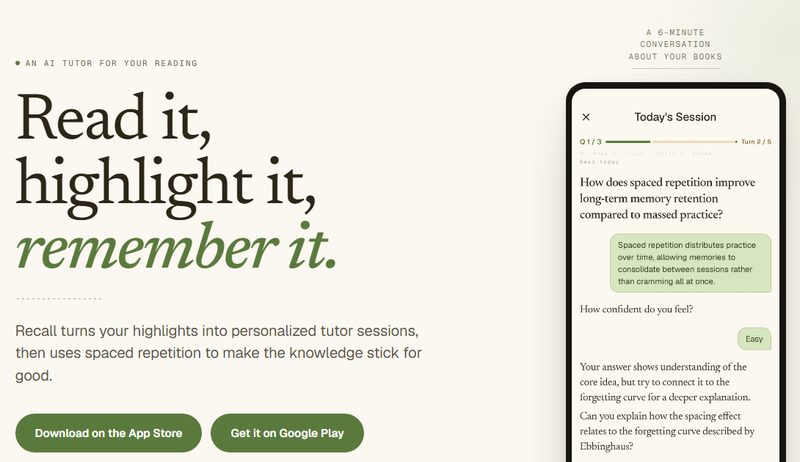 Recall: the app's website and a tutoring session on a phone